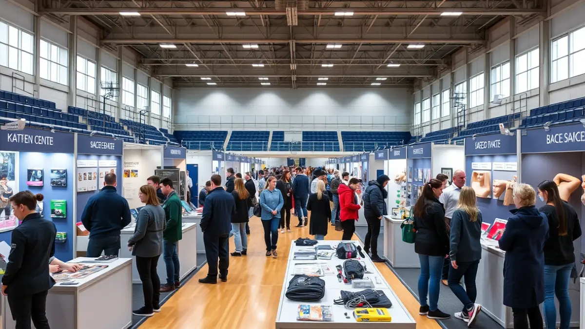 Imagen de un pabellón polideportivo con estudiantes y expositores en una feria de profesiones.