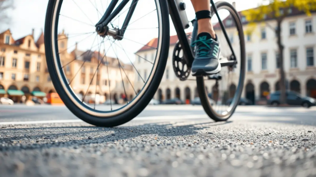 Imaxe dunha roda de bicicleta e unha zapatilla de correr nunha pista de asfalto, con edificios históricos ao fondo.