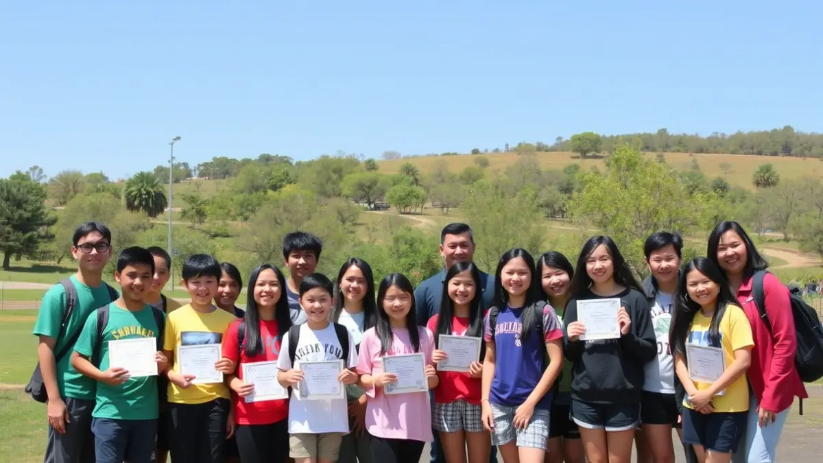 Alumnos e docentes reunidos nunha área recreativa para a entrega de premios dun concurso escolar.