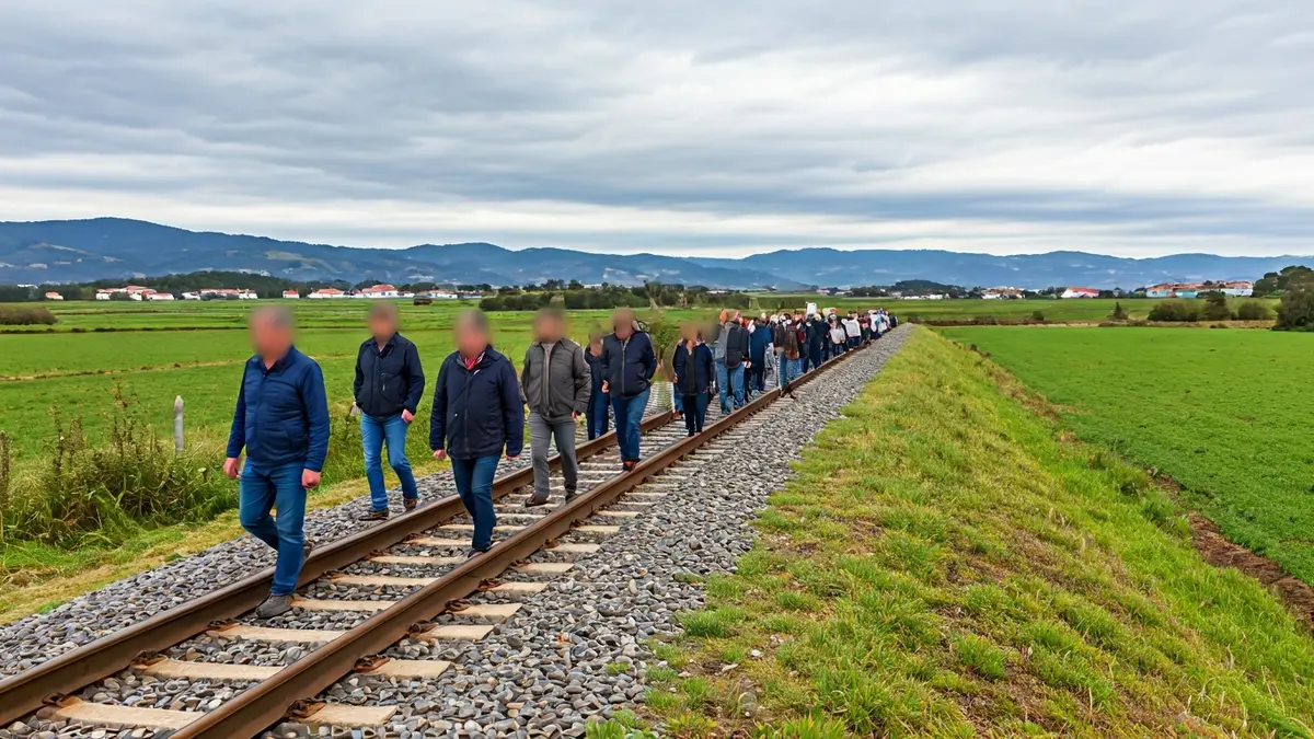 Manifestación en vías de tren en Galicia exigiendo mejoras ferroviarias.