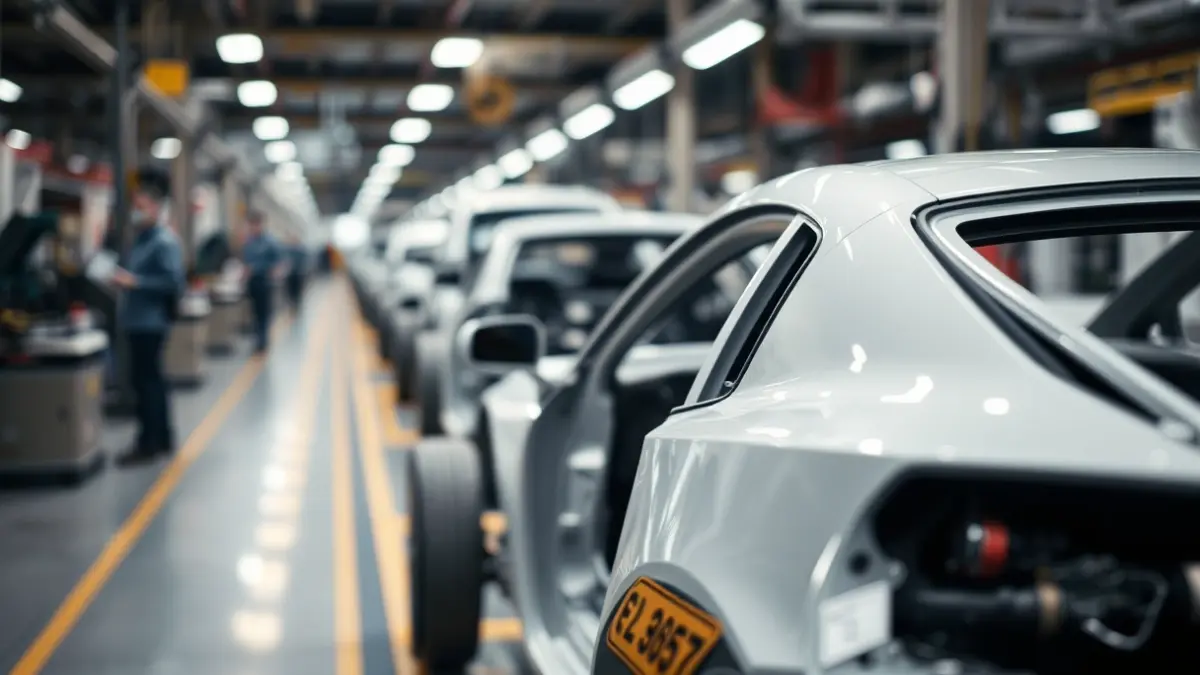 Imaxe xenérica dunha cadea de montaxe nunha fábrica de automóbiles.