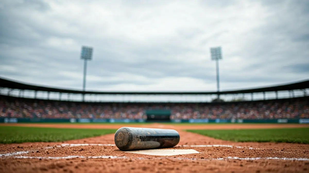Imagen genérica de un bate de béisbol y un plato en un campo.