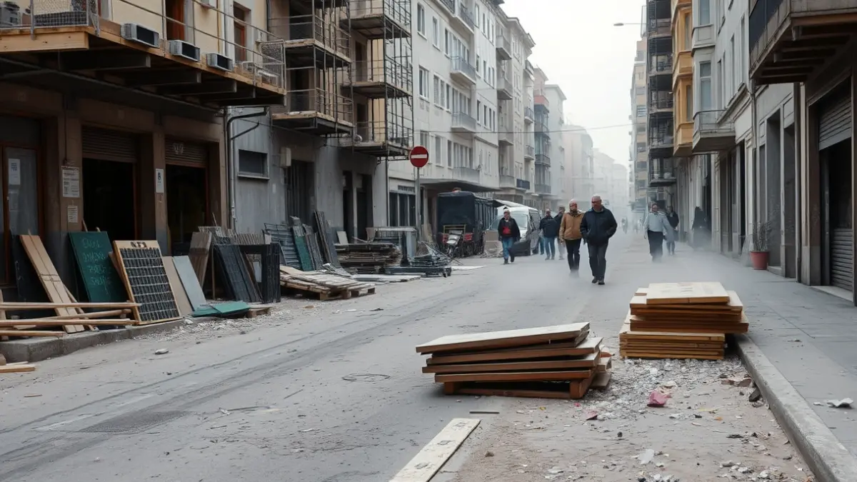 Imagen de una calle en obras en la ciudad de Ourense, con polvo y materiales esparcidos.