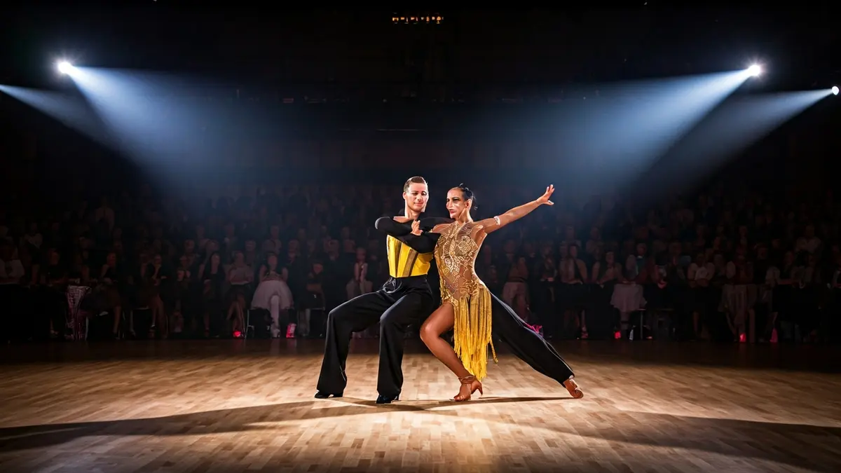 Imaxe xenérica dunha parella bailando baile latino nun escenario.