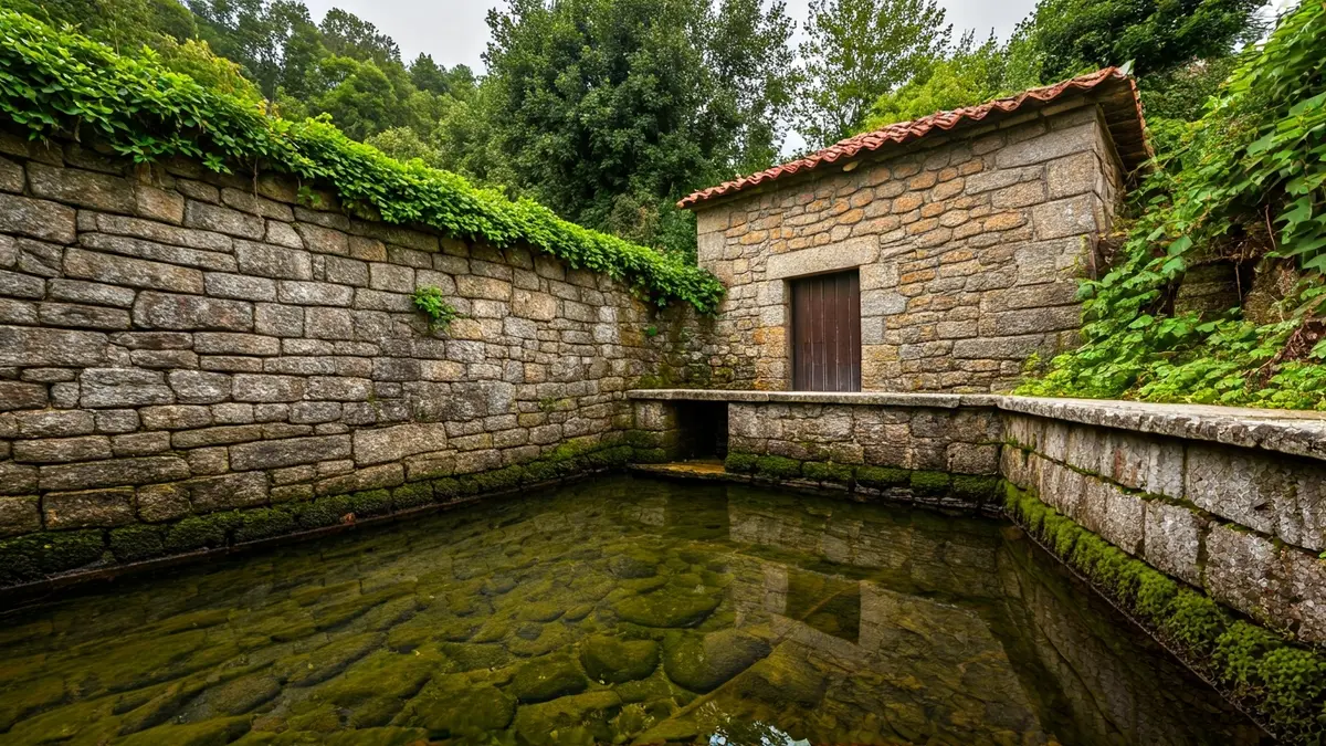 Imaxe dun lavadoiro tradicional galego, símbolo da memoria das mulleres de Mañón.
