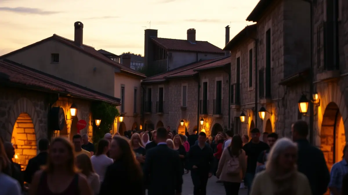 Imaxe xenérica dunha rúa de vila galega con ambiente festivo.
