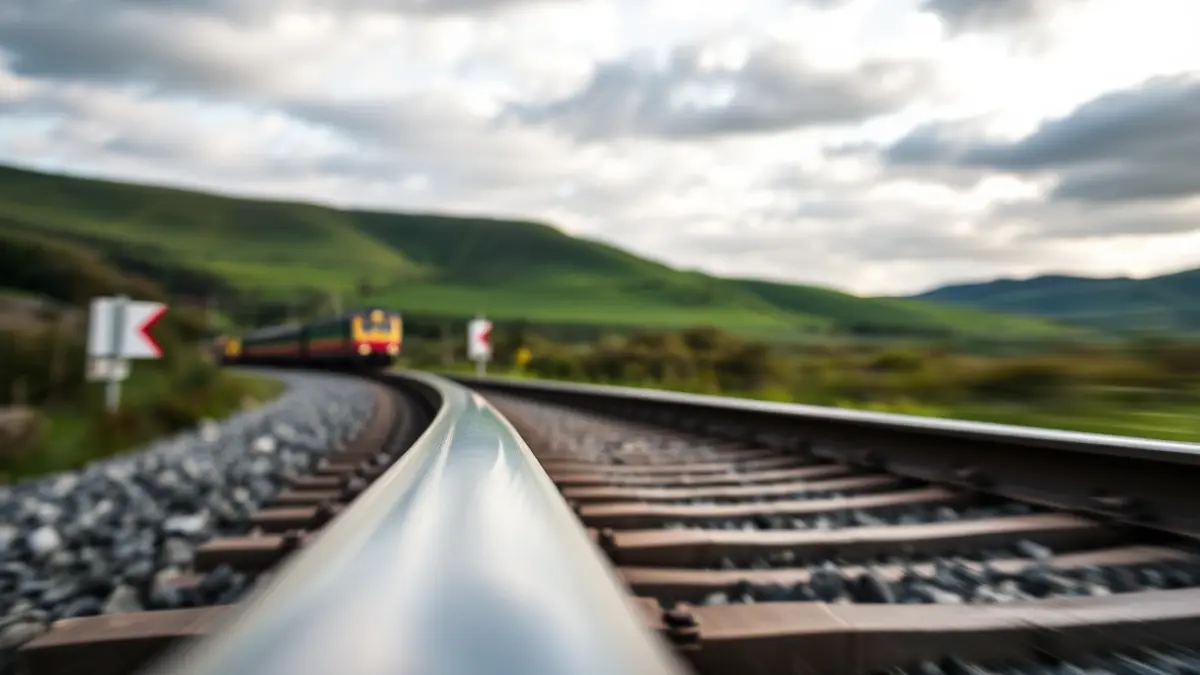 Imaxe xenérica dunha vía de tren cun tren en movemento ao fondo, nunha paisaxe galega.