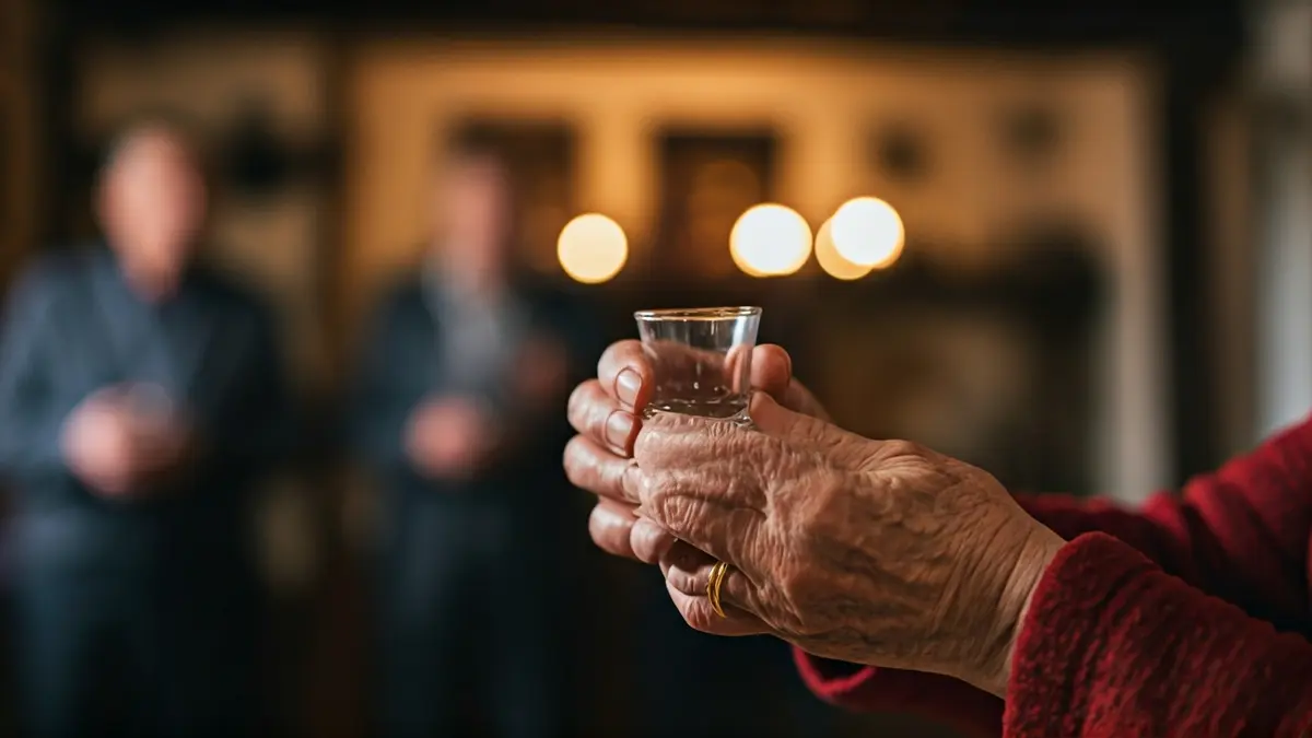 Imaxe dunhas mans envellecidas sostendo un vaso pequeno, nun ambiente cálido de fogar galego.