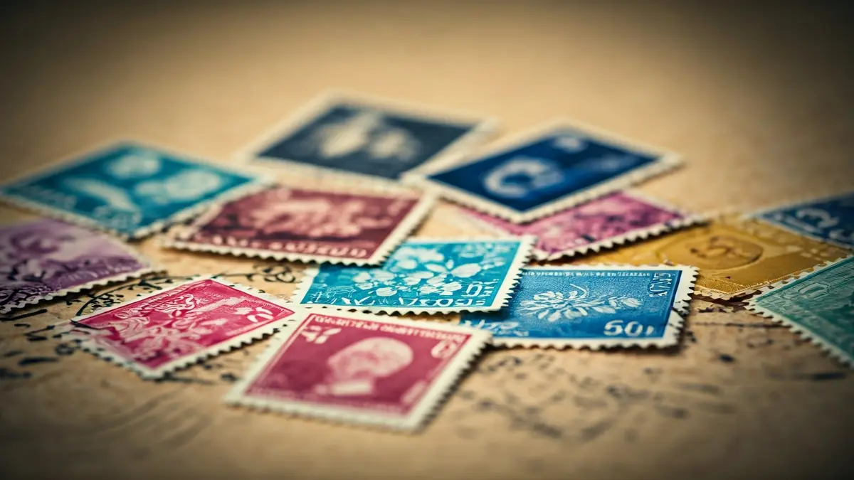 Imaxe xenérica de selos de correos antigos e de diferentes países, algúns con deseños florais.