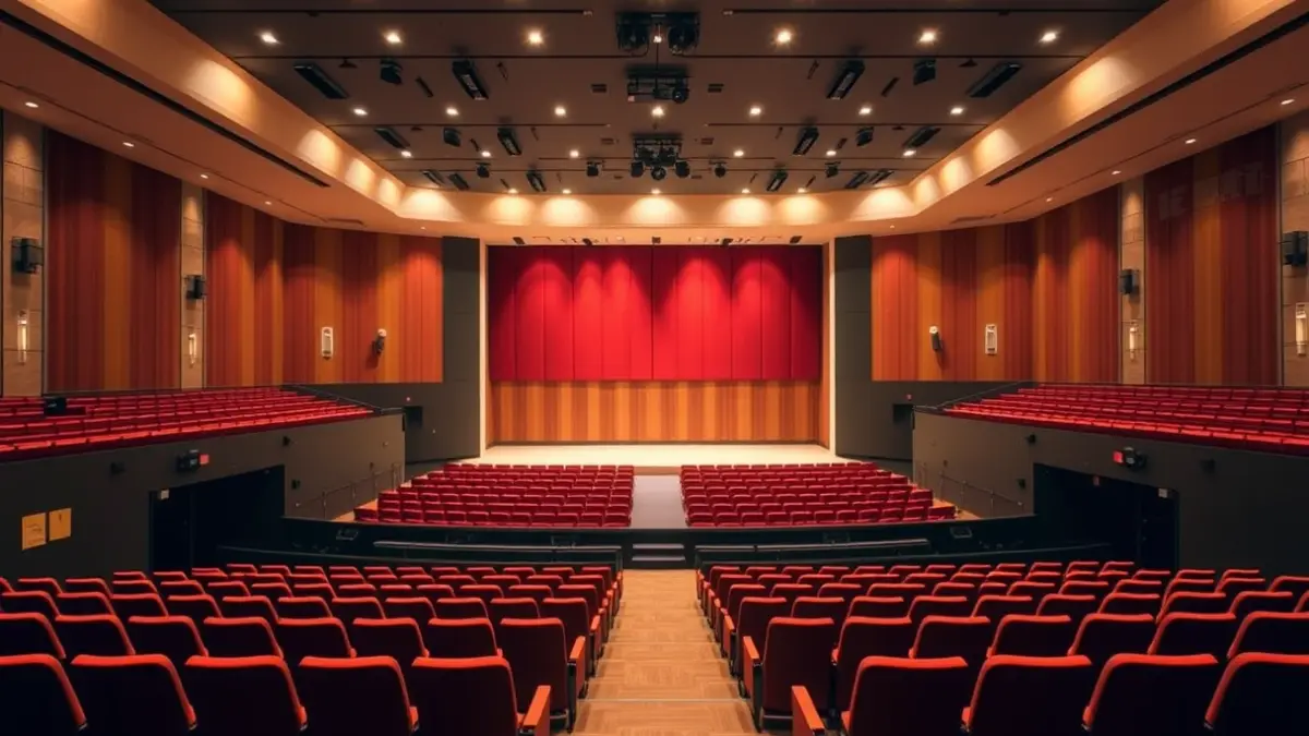 Imagen genérica de un auditorio moderno y vacío, listo para un evento.