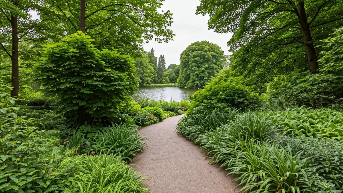 Imagen de un jardín botánico con senderos y vegetación exuberante