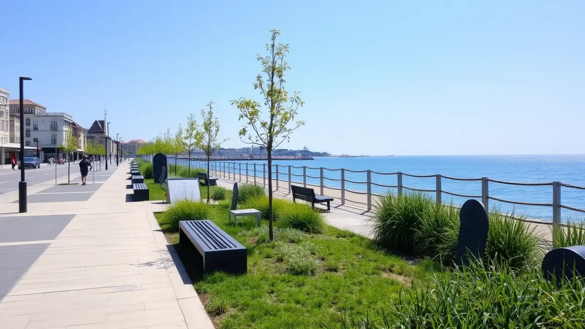 Imaxe da fachada marítima de Marín, con zonas verdes e mobiliario urbano moderno.