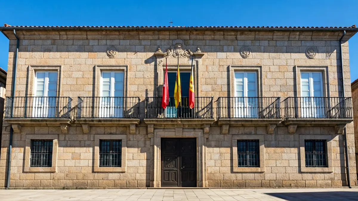Imaxe da fachada dun concello galego, simbolizando a política local.