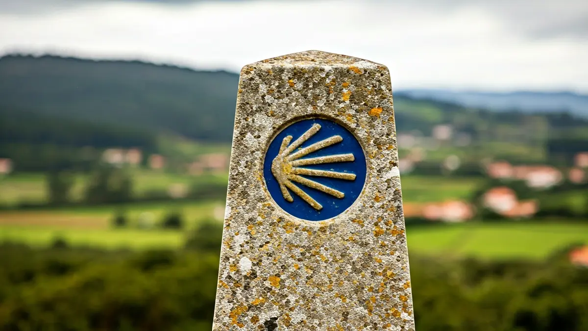 Imaxe xenérica dun sinal do Camiño de Santiago nunha paisaxe galega.