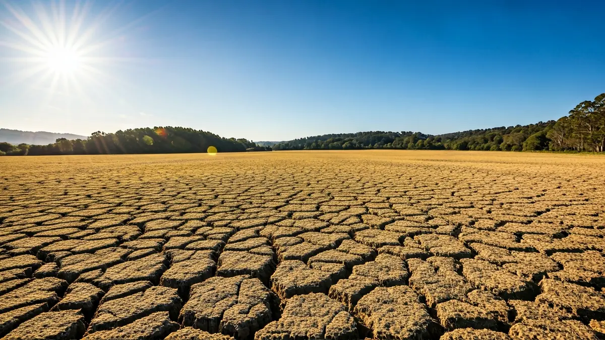 Imaxe xenérica dunha paisaxe seca en Galicia, con herba amarelada e terra agretada baixo un ceo despexado.