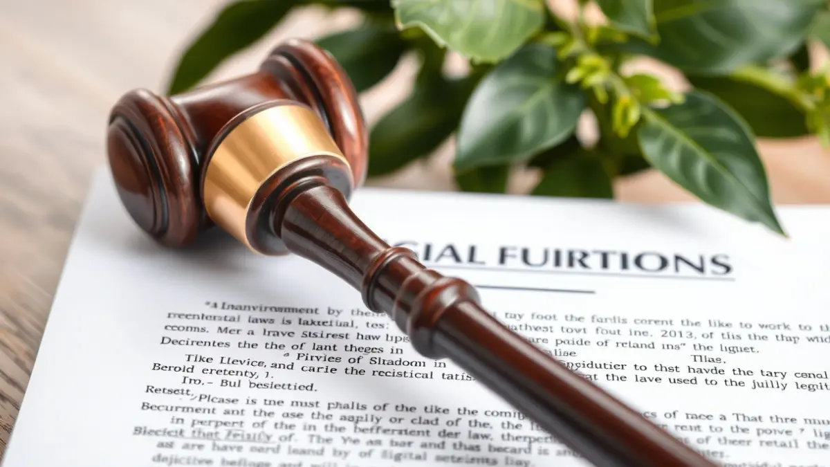 Imaxe xenérica dun documento legal cun mazo e unha planta, simbolizando unha decisión xudicial ambiental.