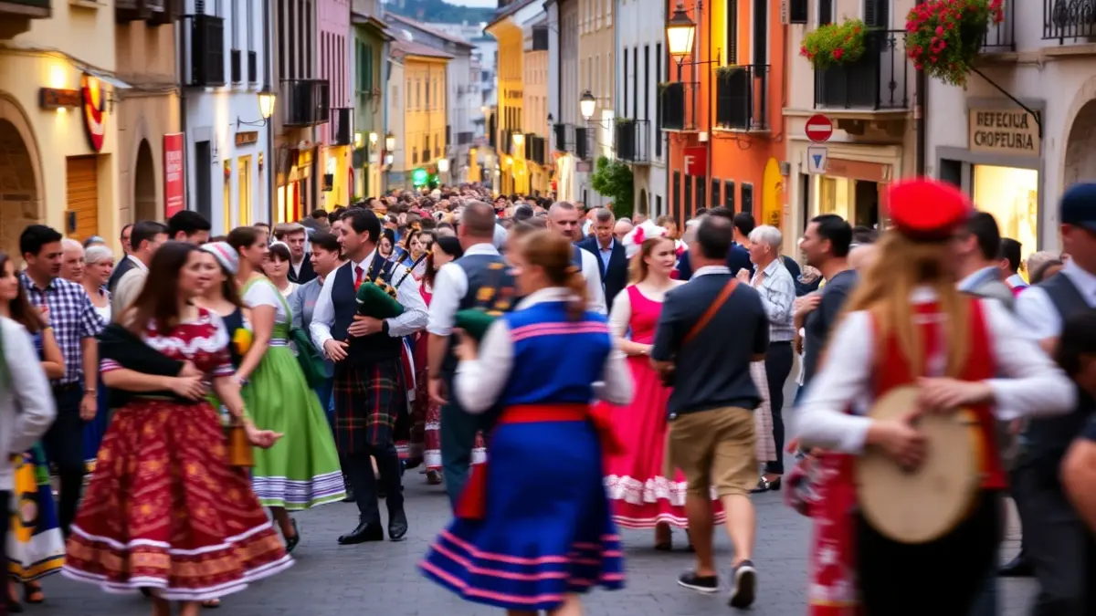Imaxe dunha foliada tradicional galega con música e baile nas rúas de Melide.