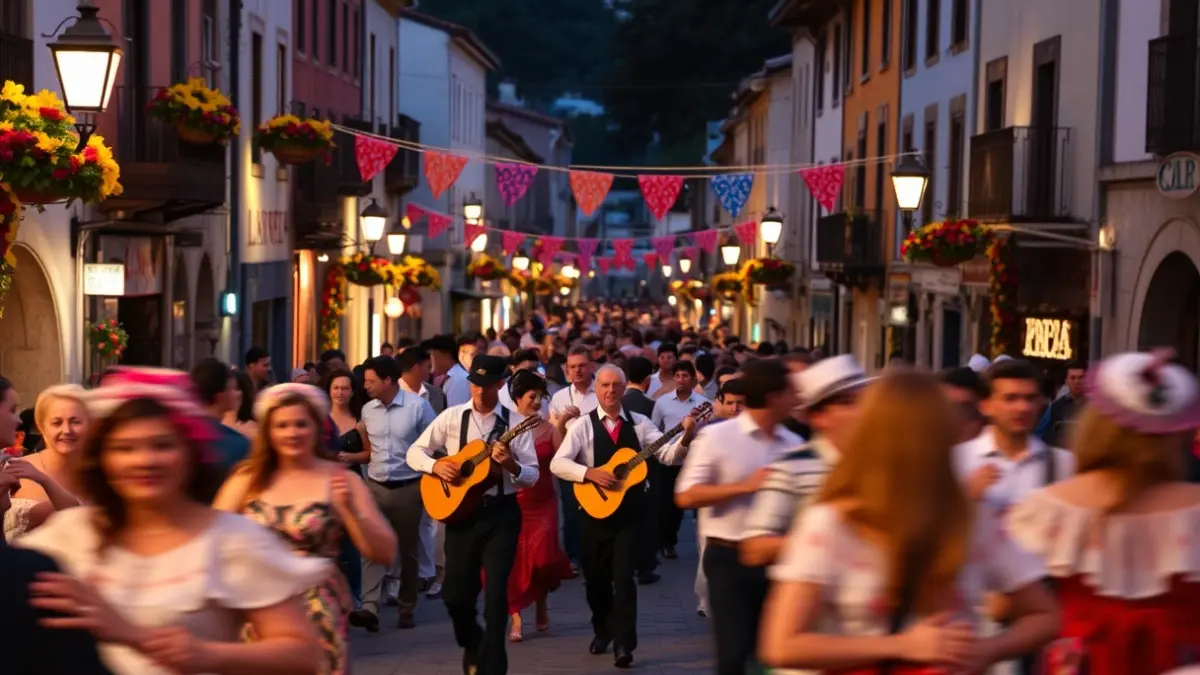Imagen de una foliada tradicional en Melide, con música y baile en las calles.