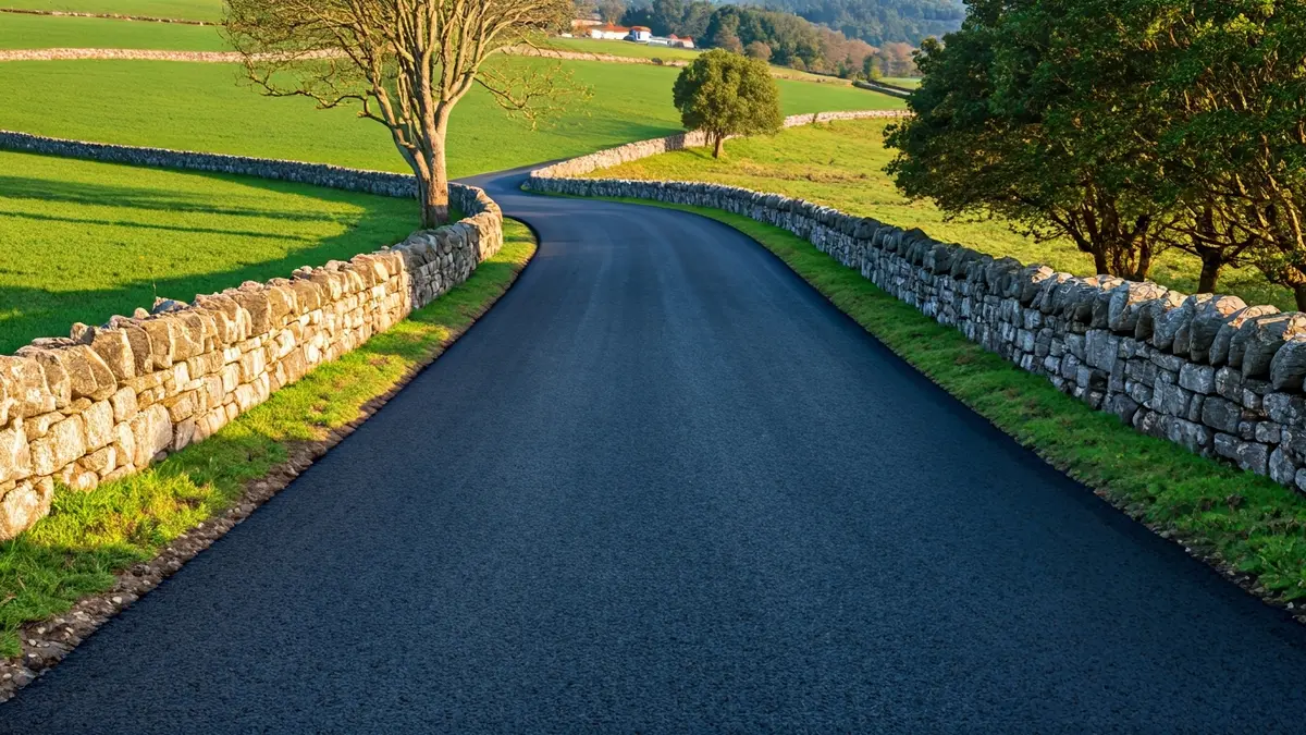 Imaxe dunha estrada rural recentemente asfaltada en Galicia.