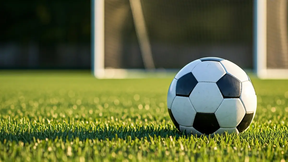 Imagen genérica de un balón de fútbol sobre la hierba de un campo, con la portería difuminada al fondo.