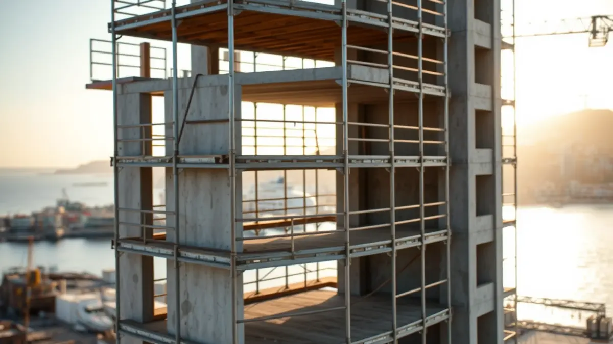 Imagen de un edificio en construcción con andamios y estructuras de hormigón.