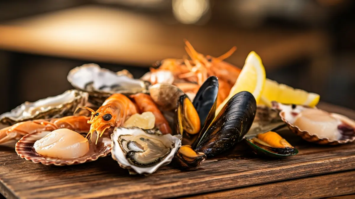 Imagen genérica de marisco fresco en una tabla de madera.