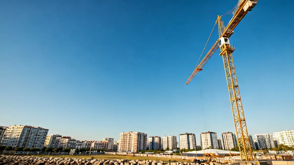 Imagen genérica de una grúa de construcción sobre un cielo azul, con edificios nuevos al fondo.