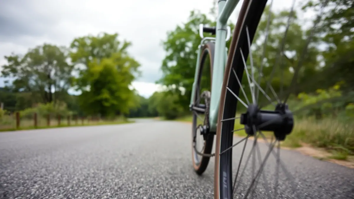 Imagen genérica de una rueda de bicicleta en una carretera.