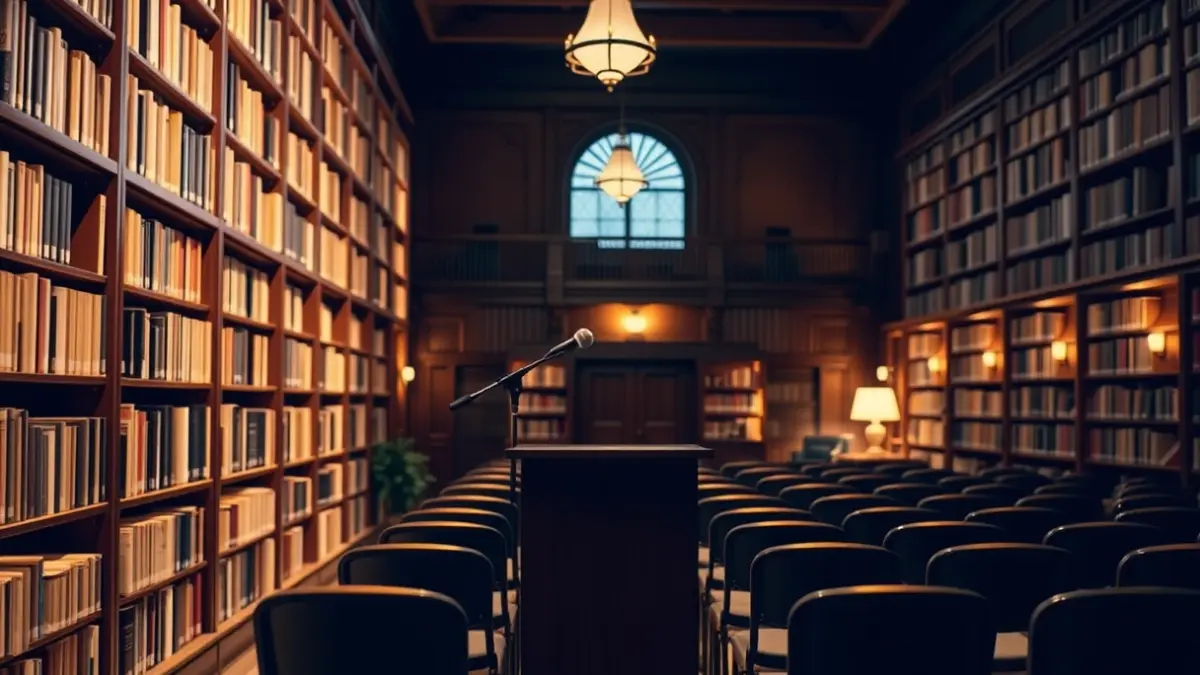 Imaxe xenérica dunha sala de conferencias ou presentación cultural.