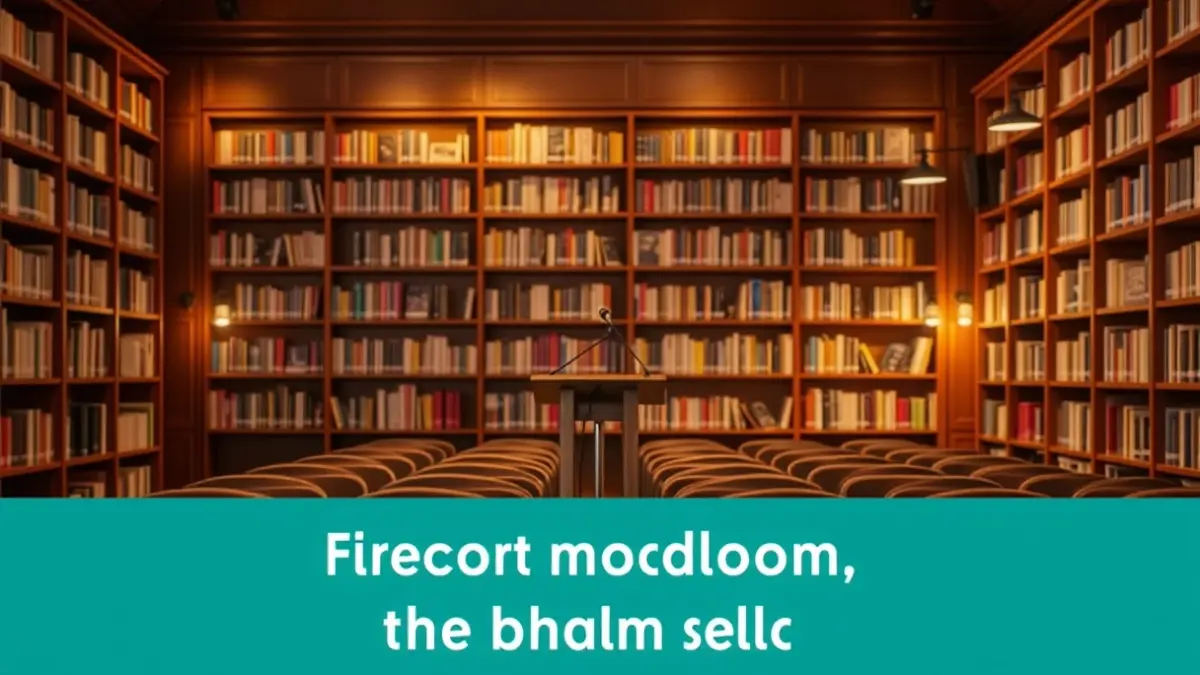 Imagen genérica de una sala de presentaciones o biblioteca, con estantes de madera y un micrófono.