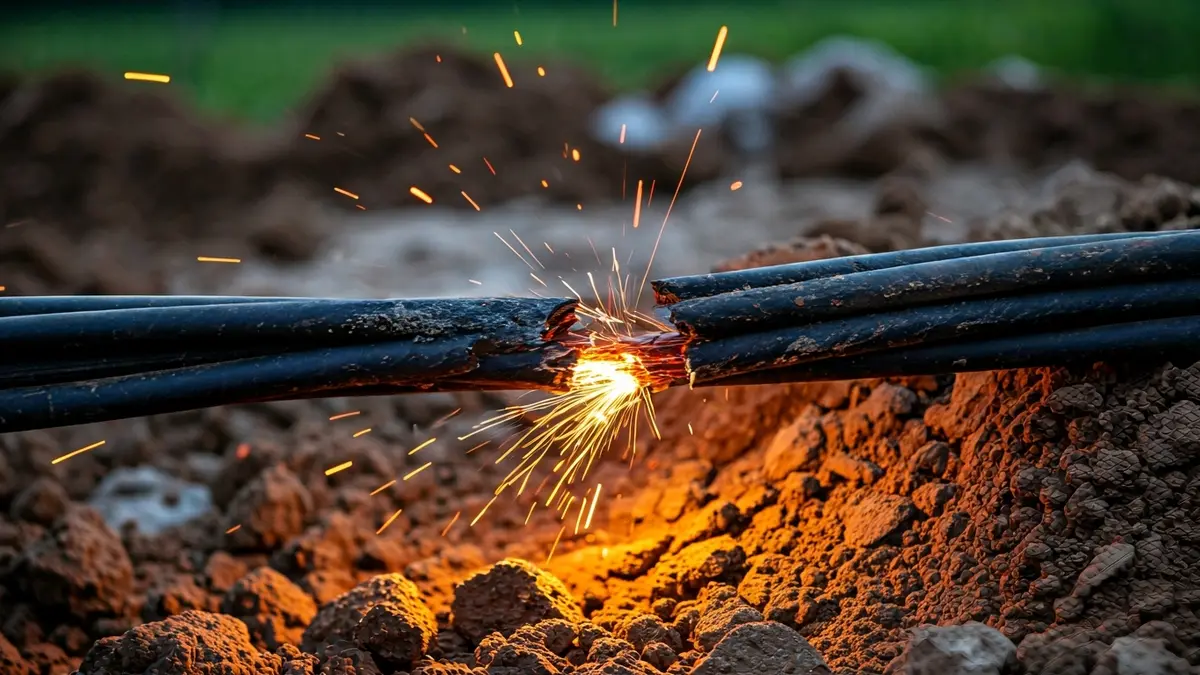 Imaxe dun cable eléctrico danado con faíscas e terra removida.
