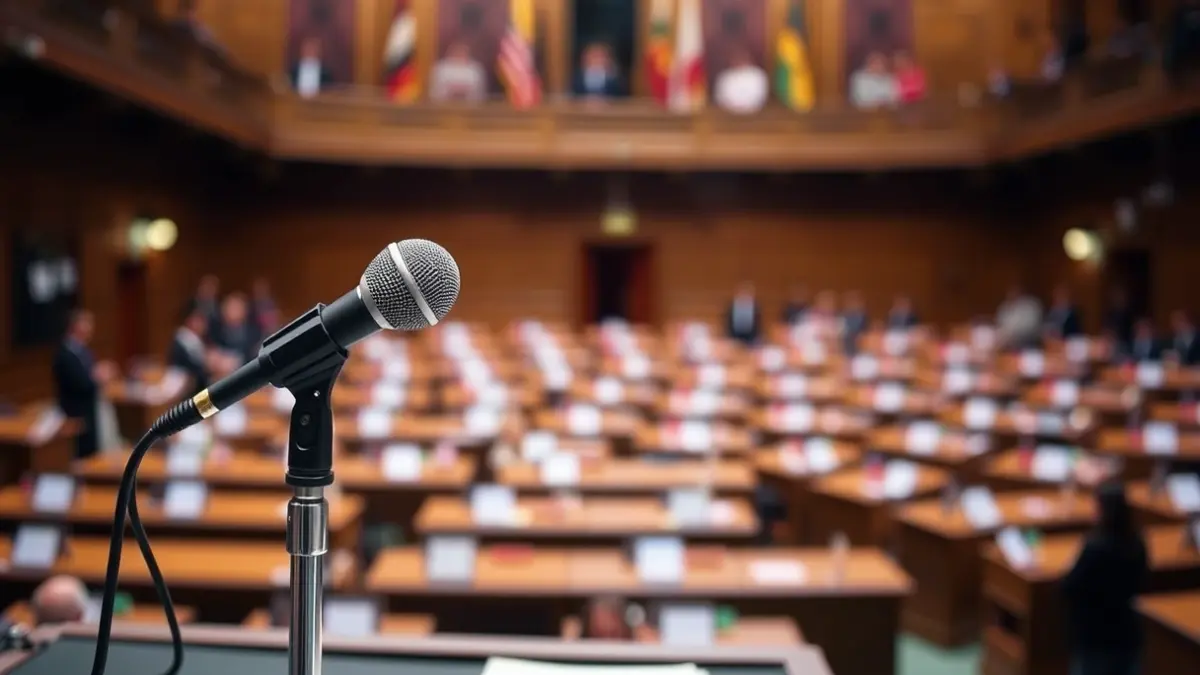 Imaxe xenérica dun micrófono nun podio nunha sala de reunións formal.