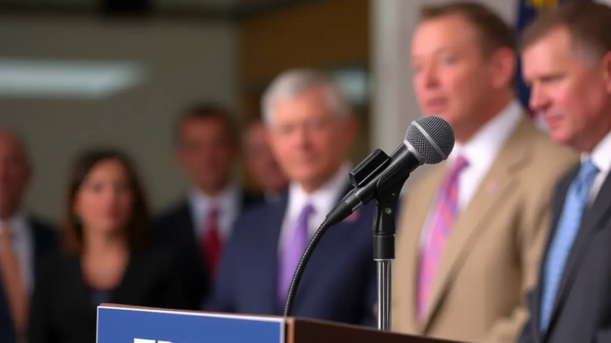 Imaxe xenérica dun micrófono nun atril, representando unha rolda de prensa política.