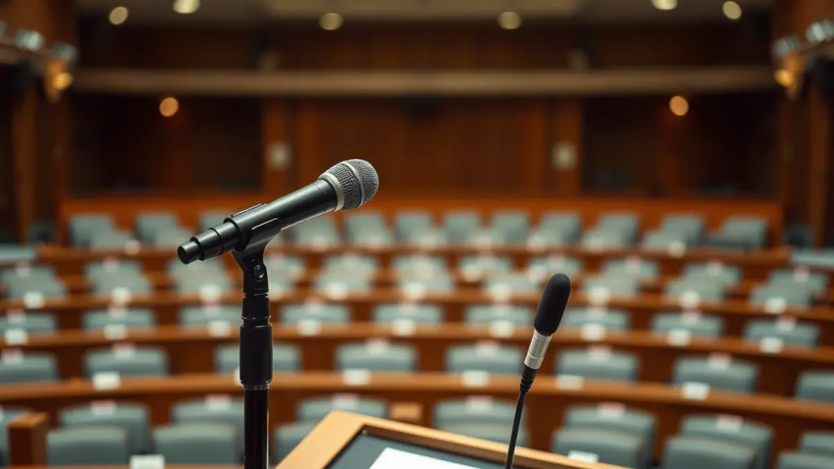 Imagen genérica de un micrófono en un podio en una sala de reuniones, simbolizando un debate político.