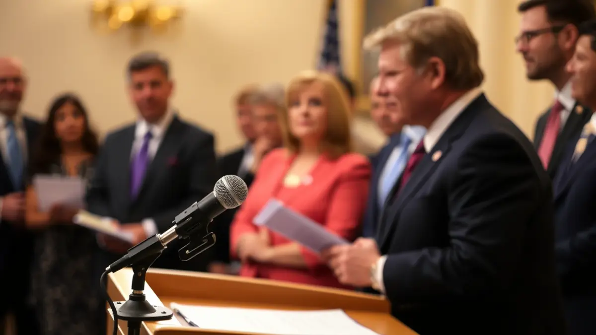 Imaxe xenérica dun micrófono nun podio durante unha comparecencia política.