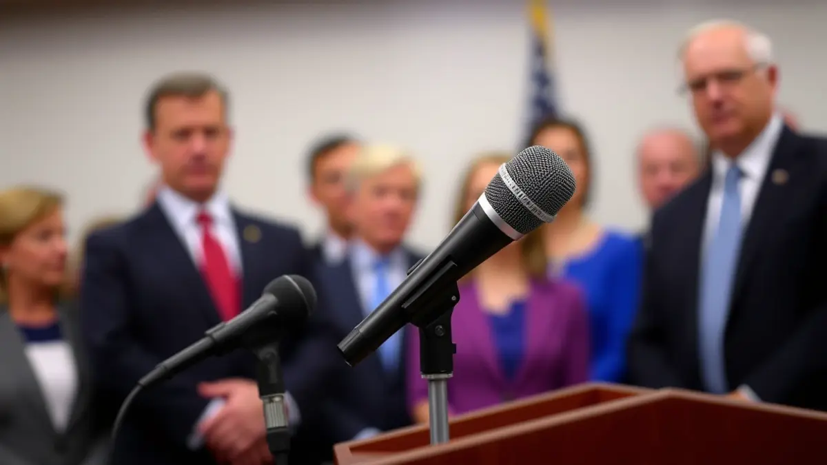 Imaxe xenérica dun micrófono nun atril durante unha rolda de prensa.