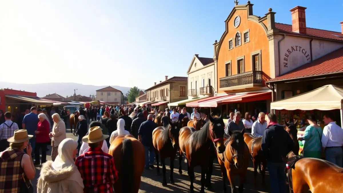 Imagen de la Feria del Caballo de Moeche, con gente y caballos
