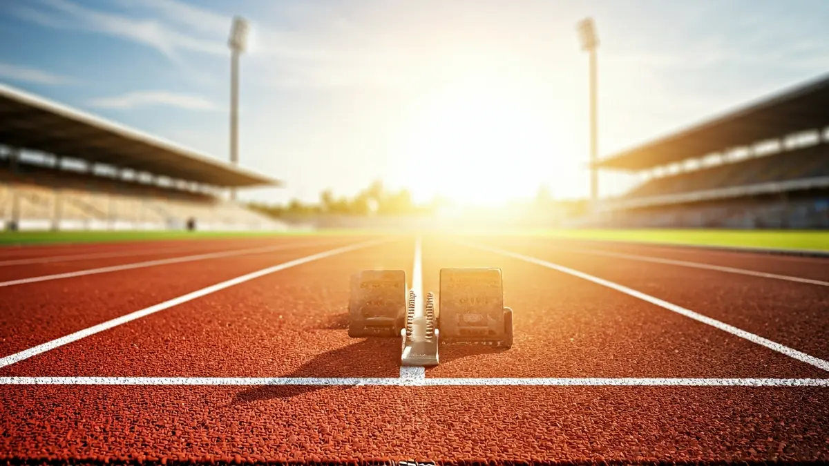 Imaxe xenérica dunha pista de atletismo coas súas liñas e un bloque de saída.