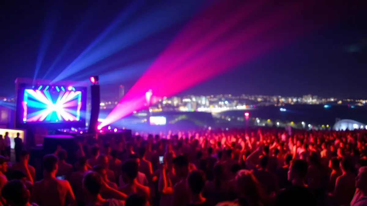 Imaxe dun festival de música electrónica con luces de cores e unha multitude bailando.