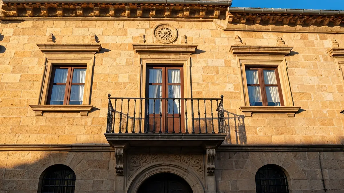 Imaxe da fachada dun concello de pedra con balcón e varandas de ferro, baixo a luz do sol da tarde.