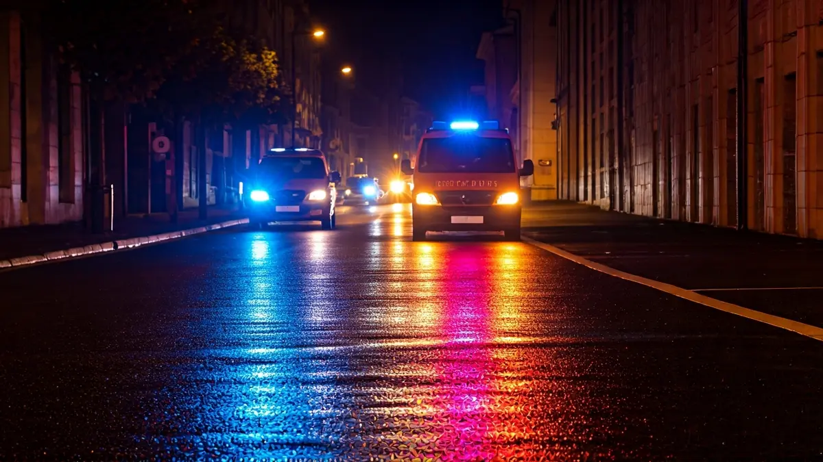 Imaxe xenérica de luces de emerxencia reflectíndose sobre asfalto mollado nunha contorna urbana galega.