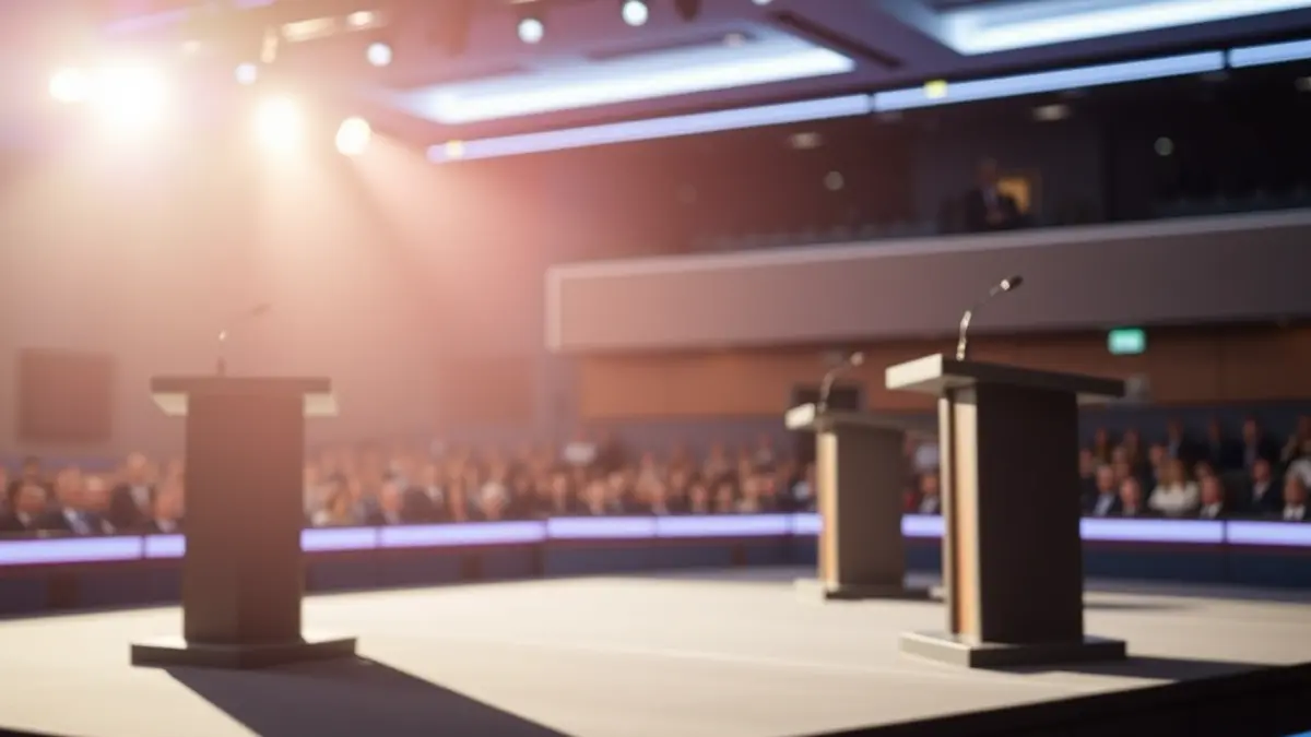 Imaxe xenérica dun escenario de debate político baleiro, con podios e micrófonos, suxerindo anticipación.