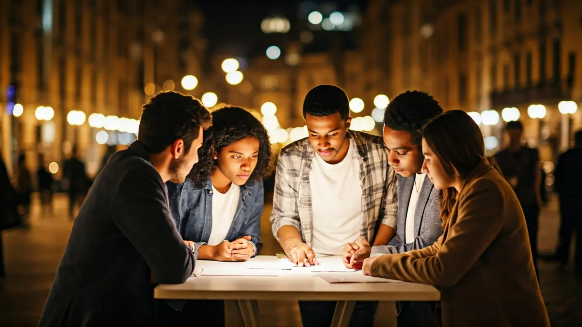 Imaxe xenérica de mozos e mozas nun foro internacional debatendo sobre retos globais.
