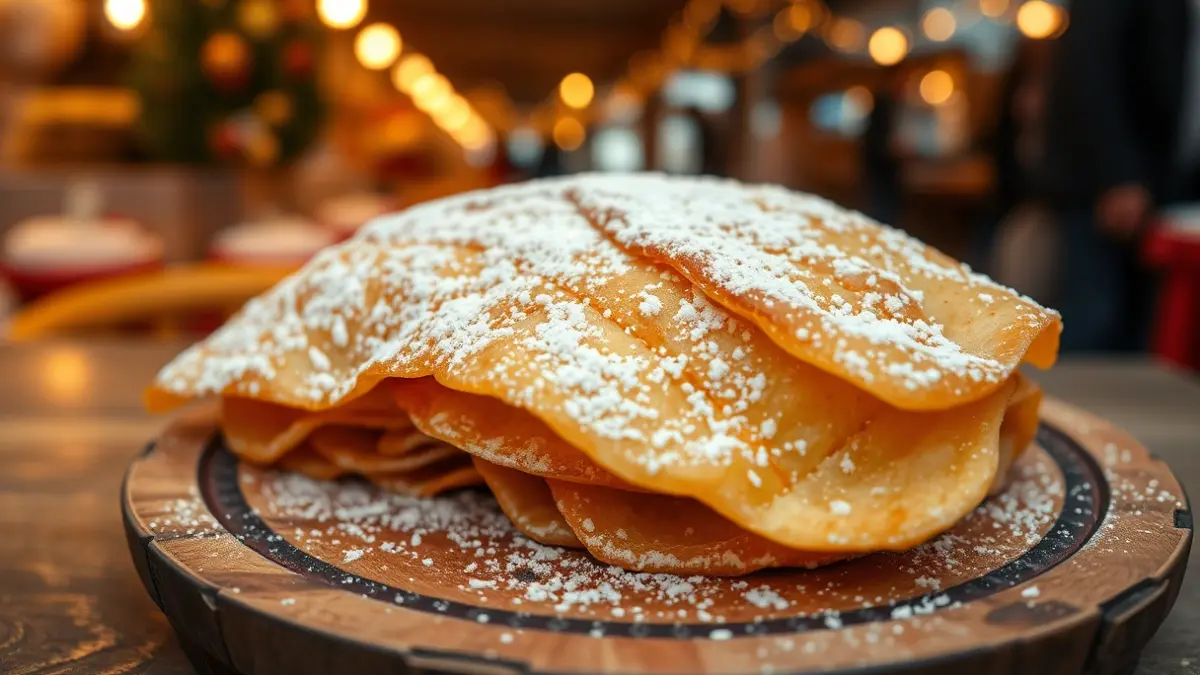 Imaxe dunha filloa tradicional galega con azucre en po, nun prato de madeira rústico.