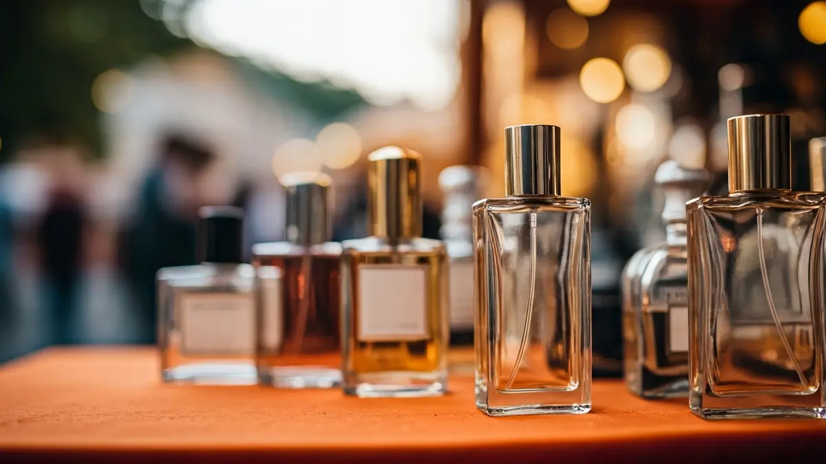 Imaxe xenérica de botellas de perfume falsificadas nun posto de feira.