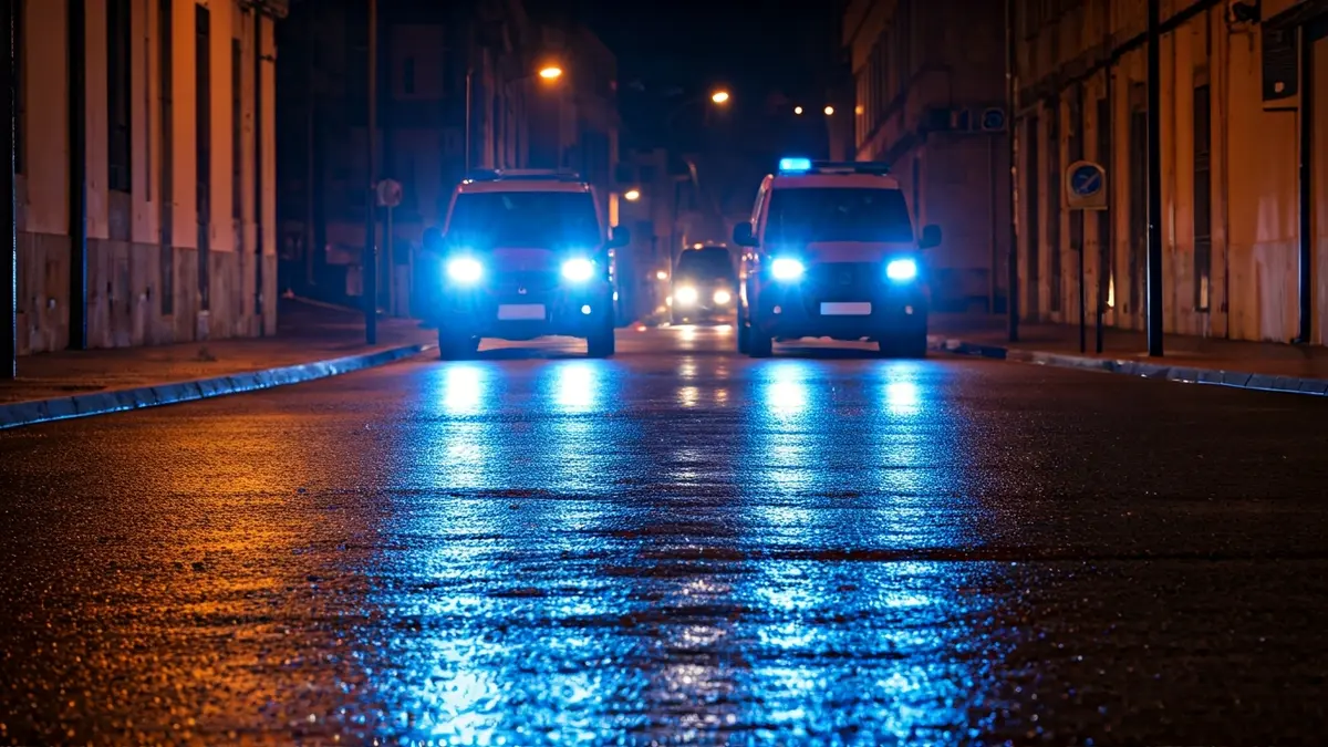 Imaxe xenérica de luces de emerxencia reflectidas no asfalto mollado.