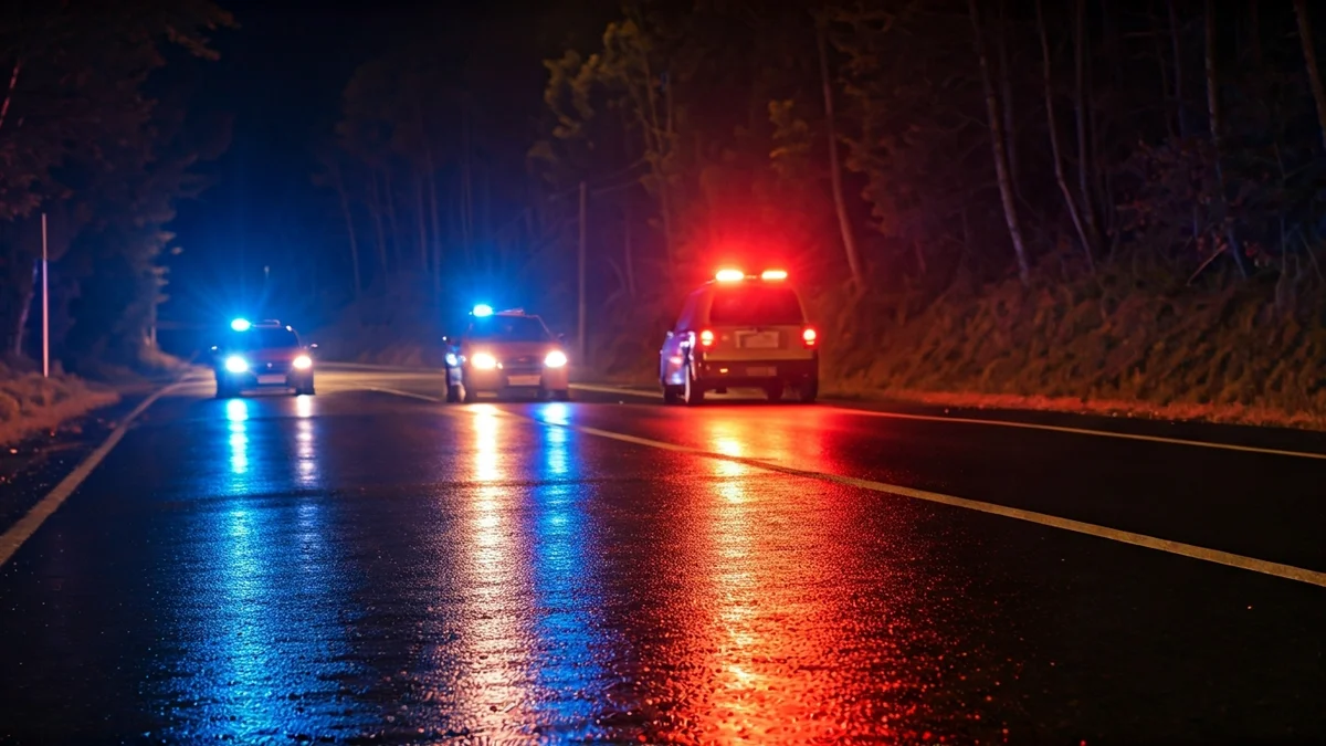 Imaxe xenérica de luces de emerxencia reflectidas sobre asfalto mollado pola noite.