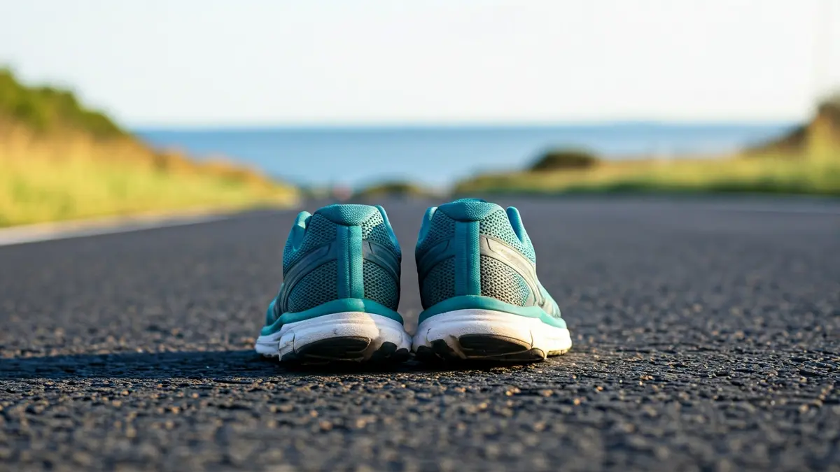 Imaxe xenérica de zapatillas de correr nunha estrada, coa costa ao fondo.
