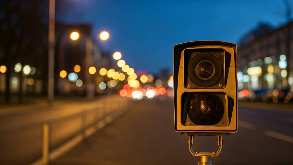 Imaxe xenérica dun radar de velocidade nunha estrada urbana.