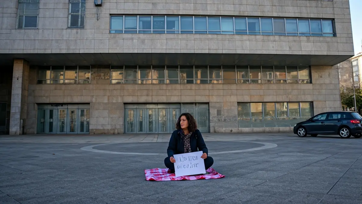 Imagen de una mujer en huelga de hambre frente a un edificio institucional